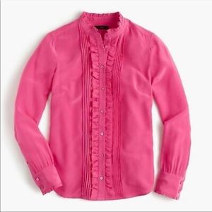 J crew ruffle front pink silk button up blouse GUC